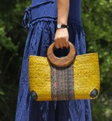 Woven Grass Handbag (Gold) with Wooden Handle