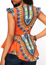 Asymmetric Printed Blouse with Hem Cap Sleeve - Orange