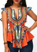 Asymmetric Printed Blouse with Hem Cap Sleeve - Orange