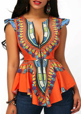 Asymmetric Printed Blouse with Hem Cap Sleeve - Orange