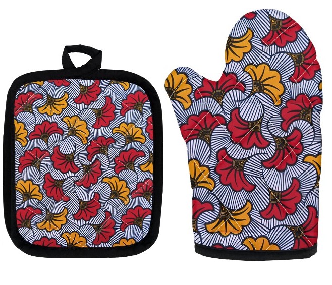 African Floral Print Apron, Oven Mitt and Pot Holder Set (White, Red and Yellow)