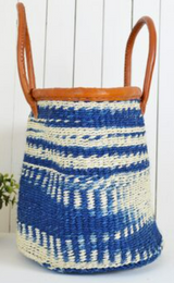 African Sisal Woven Hand Bag with Leather (Blue/White)