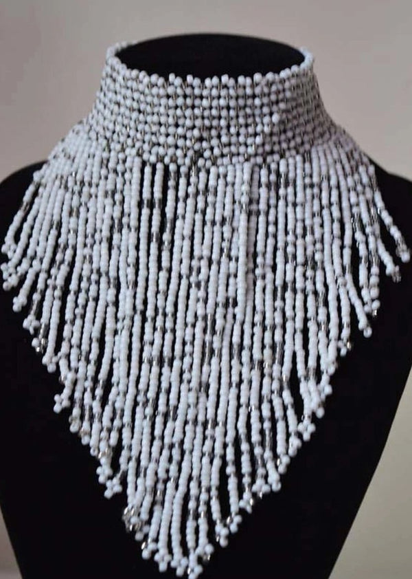 African Beaded Choker Necklace - White