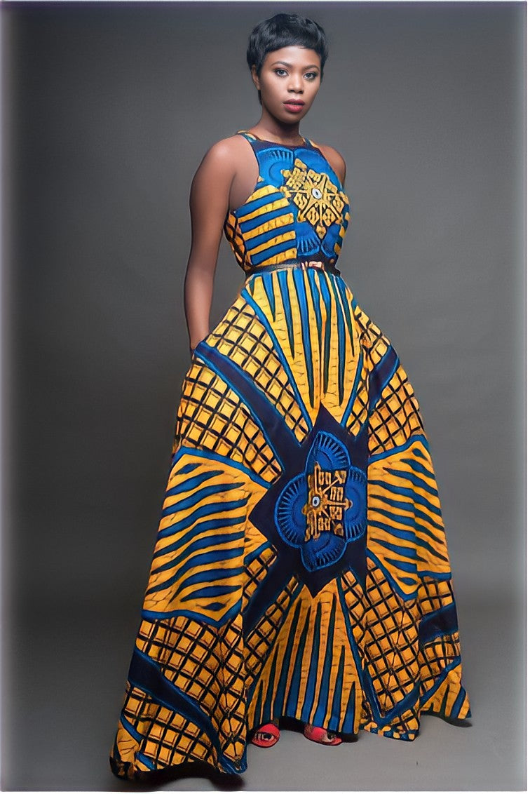 Blue & Yellow Printed Maxi Dress