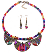 Tribal Cord Necklace and Cloth Earring Set - Red/Mauve/Pink Tones