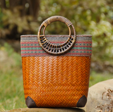 Woven Straw Handbag with Straw Handle - Sunset Orange