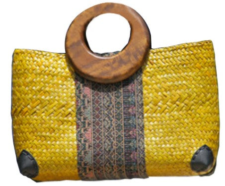 Woven Grass Handbag (Gold) with Wooden Handle   (Vault Sale)