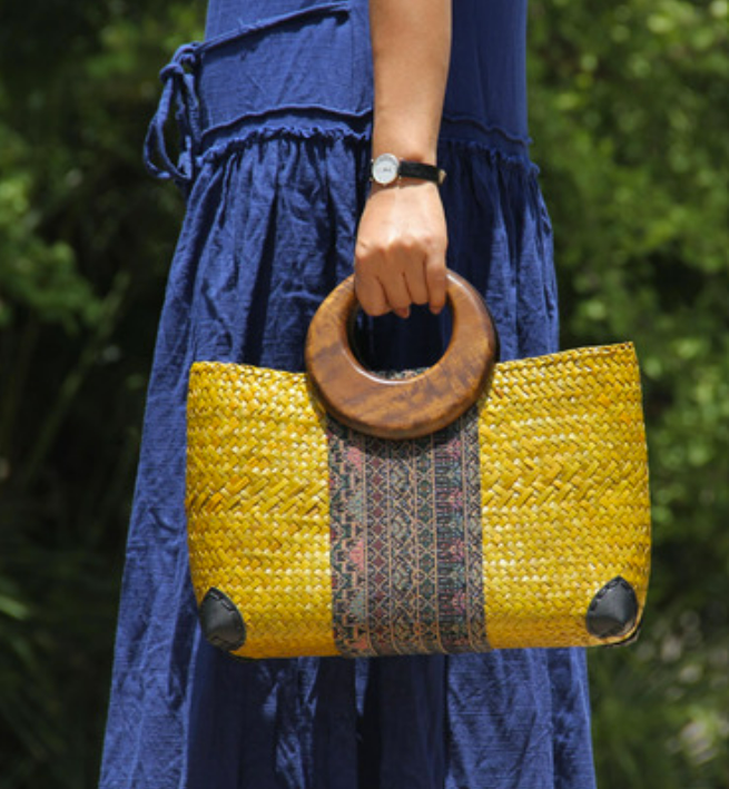 Woven Grass Handbag (Gold) with Wooden Handle   (Vault Sale)