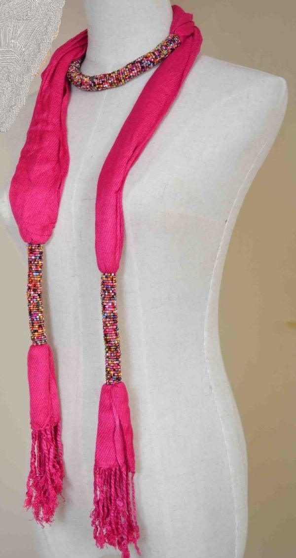 African Beaded Scarf - Hot Pink