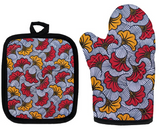 African Floral Print Apron, Oven Mitt and Pot Holder Set (White, Red and Yellow)