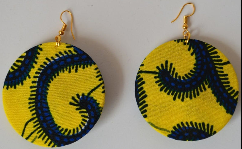 African Fabric Round Earrings - Yellow