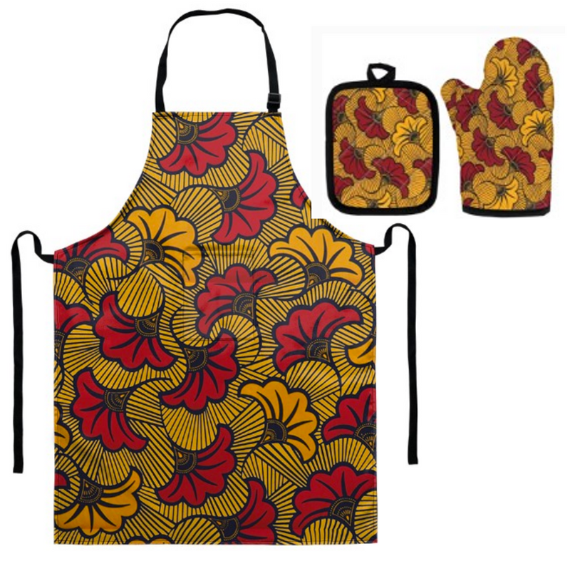 African Floral Print Apron, Oven Mitt and Pot Holder Set (Yellow-Red)