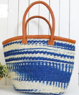 African Sisal Woven Hand Bag with Leather (Blue/White)