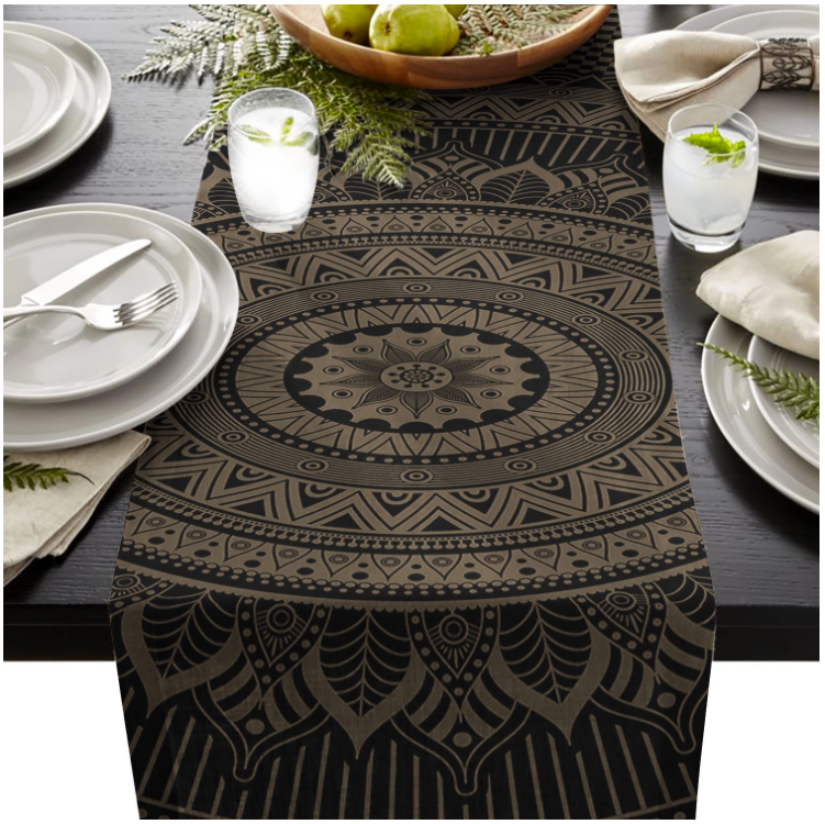 Black Mandala Table Runner and Place Mats Set