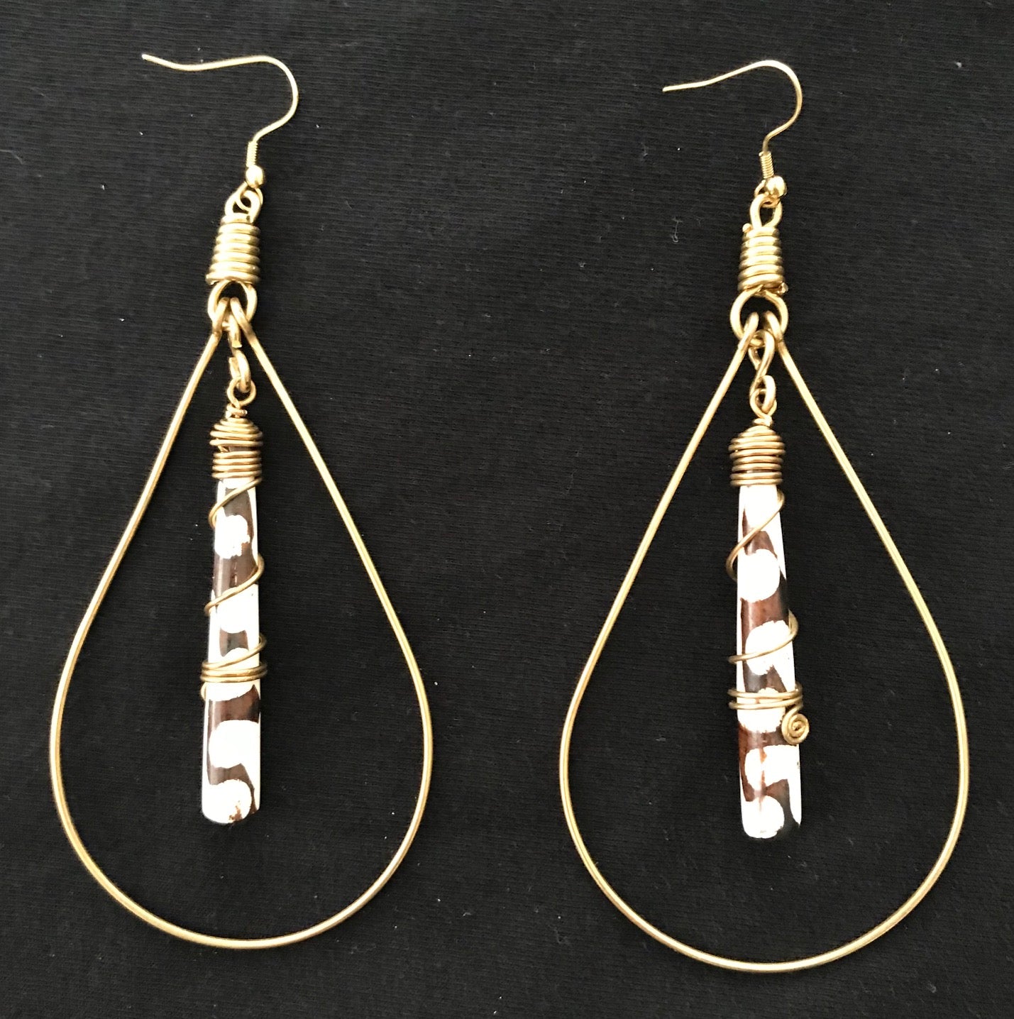 Bone and Brass Pinstripe Hoop Earrings Ethnic Expressions