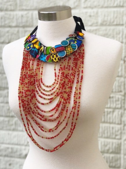 Button Necklace with Red Beads