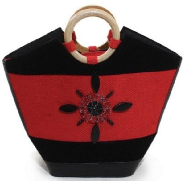 Jute, Leather and Wood Handbag - Red