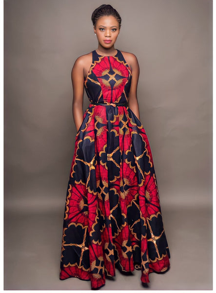 Afrocentric Maxi Dress (Red-Navy Blue)