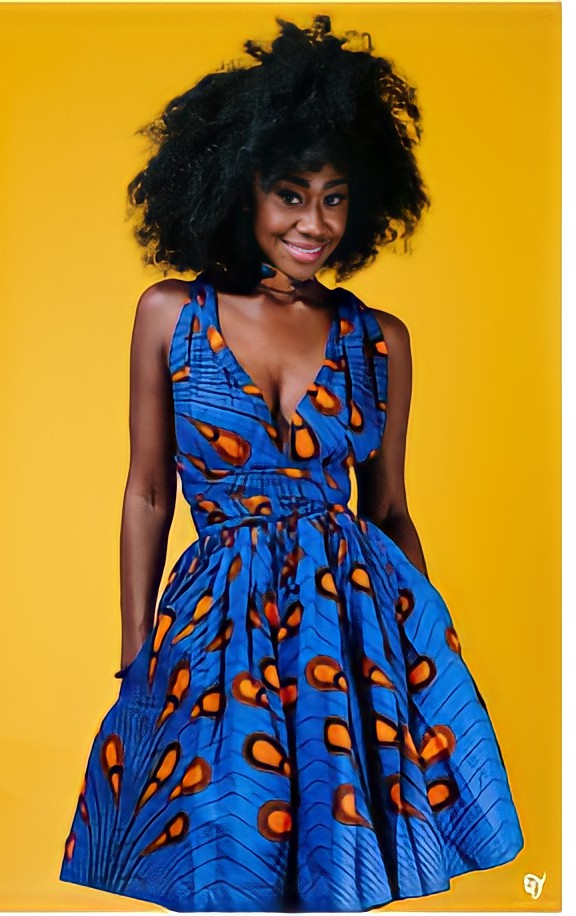 African Print Short Multi Dress (Blue-Orange)