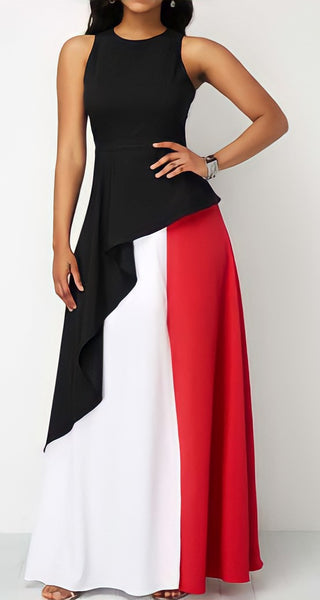 Color Blocked Maxi Dress  (Black-Red-White)