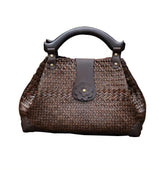 Woven Straw Handbag with Wood Handle - Brown