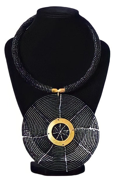 African Necklace with Beaded Round Pendant - Black