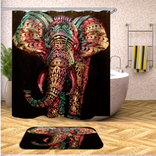 Elephant Shower Curtain and Mat Set - Multi Color