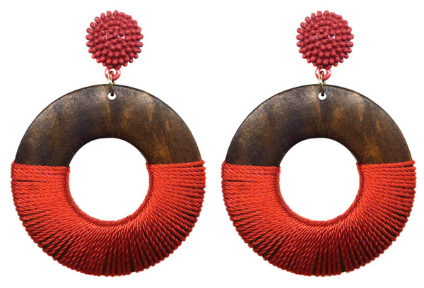 Hand Wrapped Rope Wooden Earrings - Red