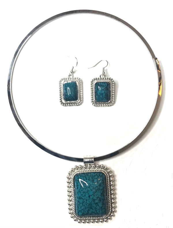 Gem Pendant Necklace Set (Blue-Green)