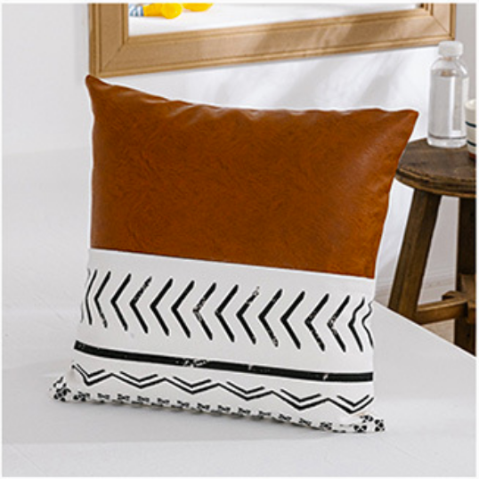 Leather and Mud Cloth Pattern Pillow Cover - Style A