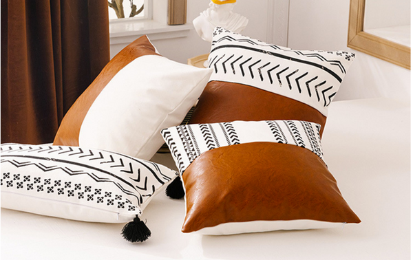 Leather and Mud Cloth Pattern Pillow Cover - Style A