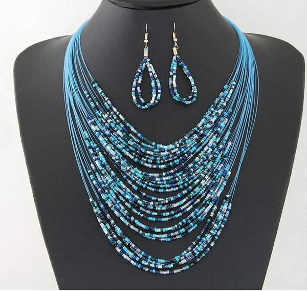 Multi Layer Beaded Necklace Set- Blue