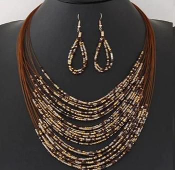 Multi Layer Beaded Necklace Set - Brown