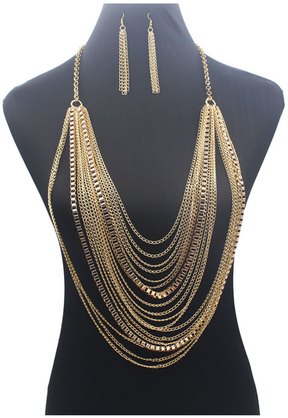 Multi Tassel Necklace Set - Gold