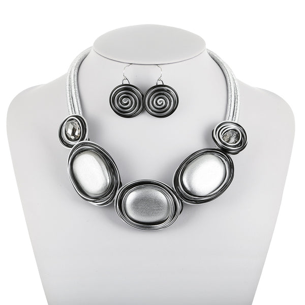 Nigerian Boho Tribe Geometric Necklace Set - Silver