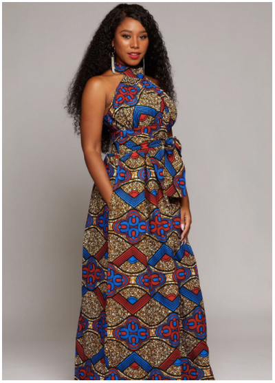 african print halter dress African Print Halter Maxi Dresses Blue & Yellow Multi