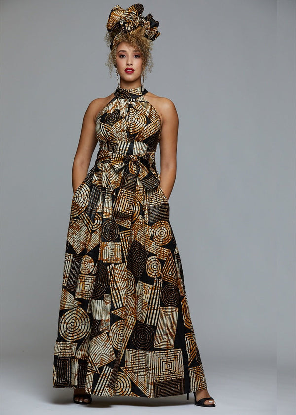 Ronke African Print Halter Maxi Dress (Black-Brown Geometric)