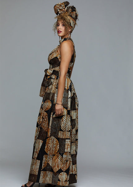 Ronke African Print Halter Maxi Dress (Black-Brown Geometric)