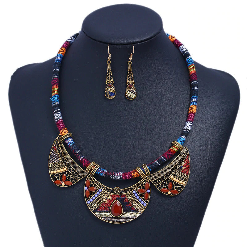 Tribal Cord Necklace and Cloth Earring Set - Brown