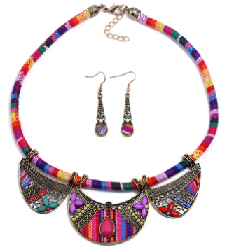 Tribal Cord Necklace and Cloth Earring Set - Red/Mauve/Pink Tones