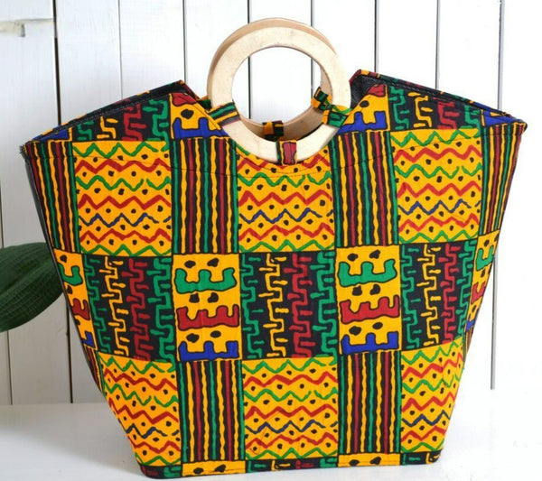 Tribal Print Handbag w/ Wooden Handles (Kente Fabric)