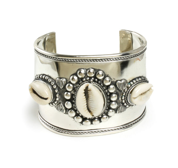 Wide Band Silver Cowrie Shell Bracelet