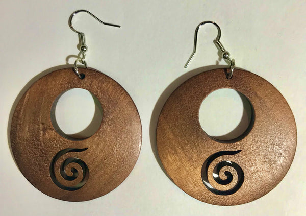 Wooden Carved Circular Earrings
