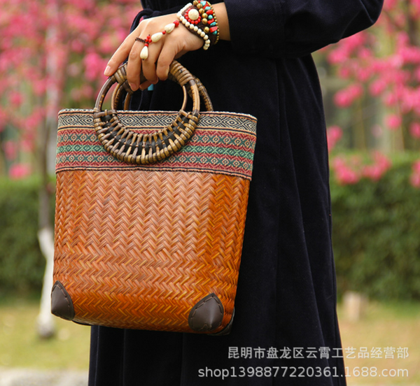 Woven Straw Handbag with Straw Handle - Sunset Orange